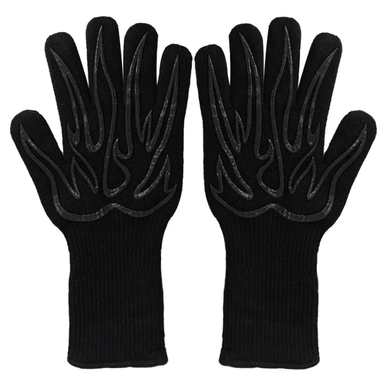 1 Pair High Temperature Resistant Silicone BBQ Gloves  Anti-Scalding Gloves(Big  Flame Black)