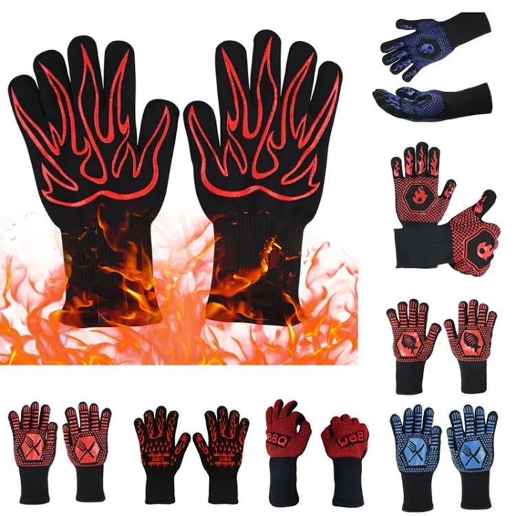 1 Pair High Temperature Resistant Silicone BBQ Gloves  Anti-Scalding Gloves(Big  Flame Black)