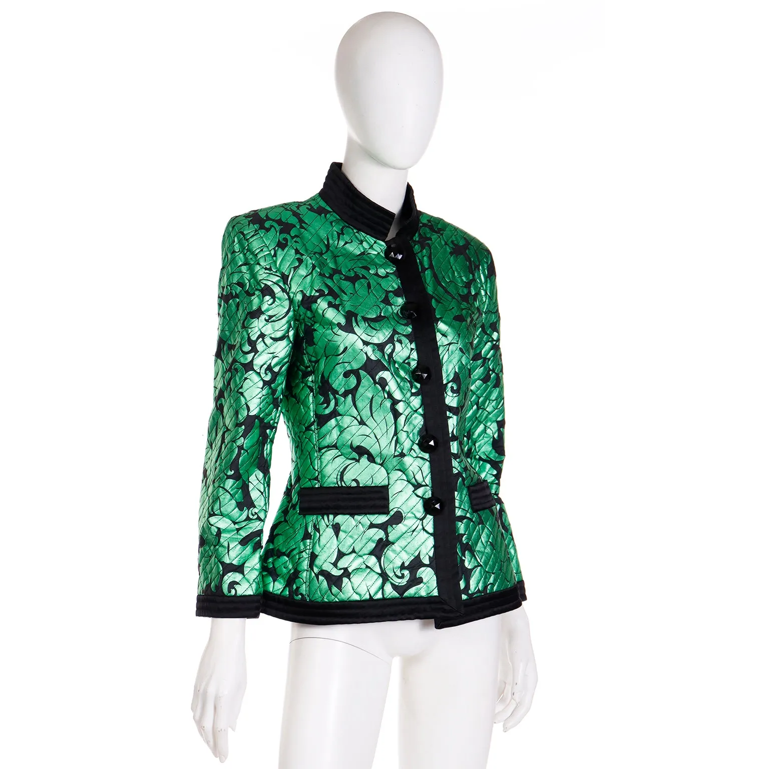 1986 Yves Saint Laurent Vintage Green Metallic Runway Jacket W Black Trim