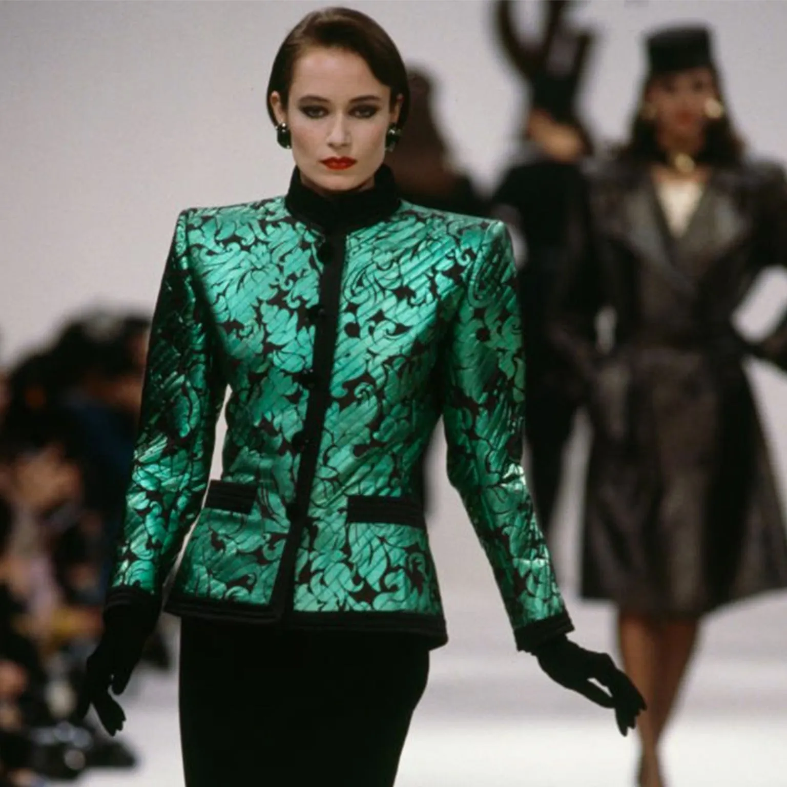 1986 Yves Saint Laurent Vintage Green Metallic Runway Jacket W Black Trim