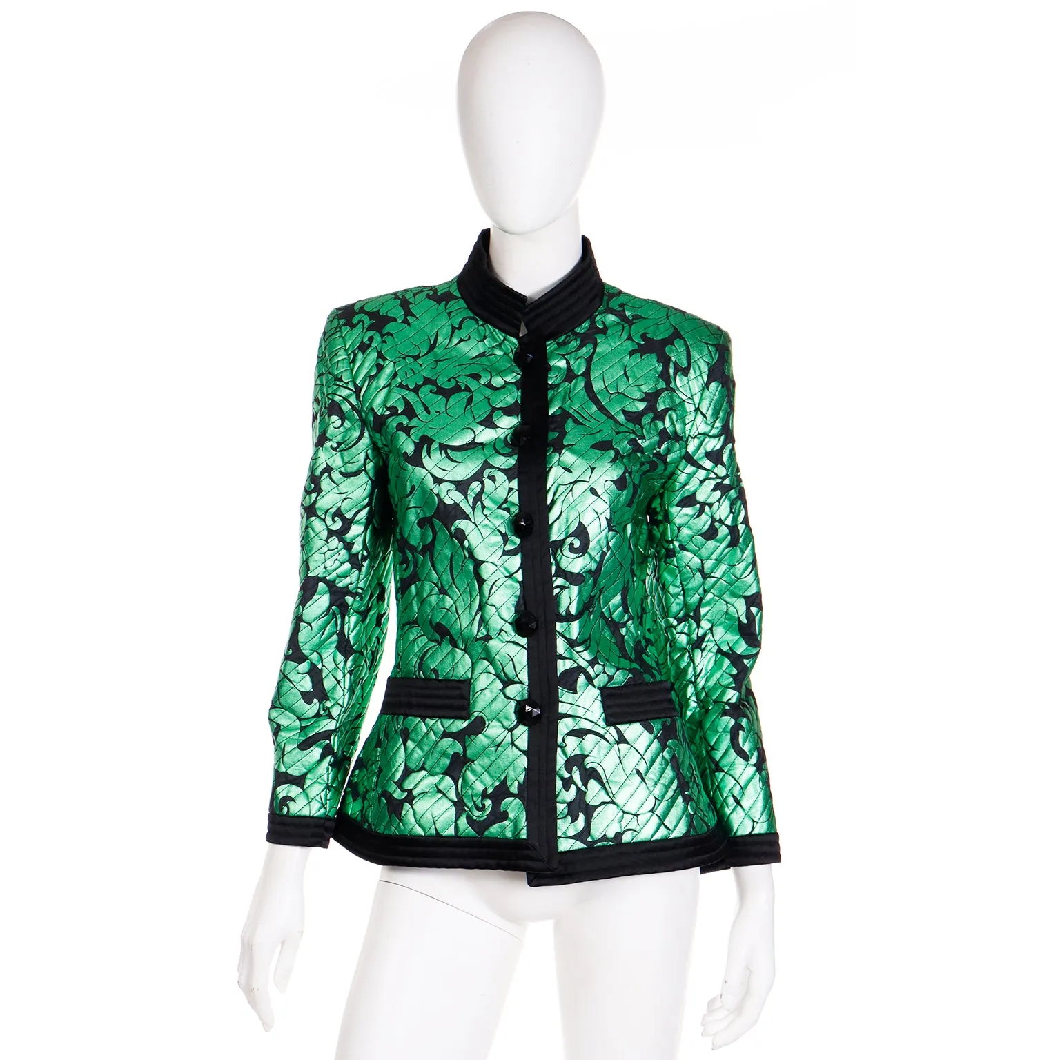 1986 Yves Saint Laurent Vintage Green Metallic Runway Jacket W Black Trim