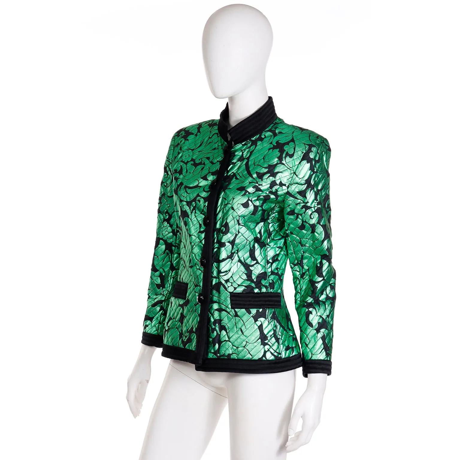 1986 Yves Saint Laurent Vintage Green Metallic Runway Jacket W Black Trim