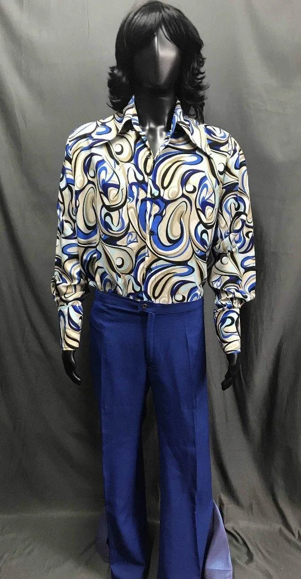 60-70s Mens Disco Costume - Hippie Pattern Shirt with Blue Flares - Hire