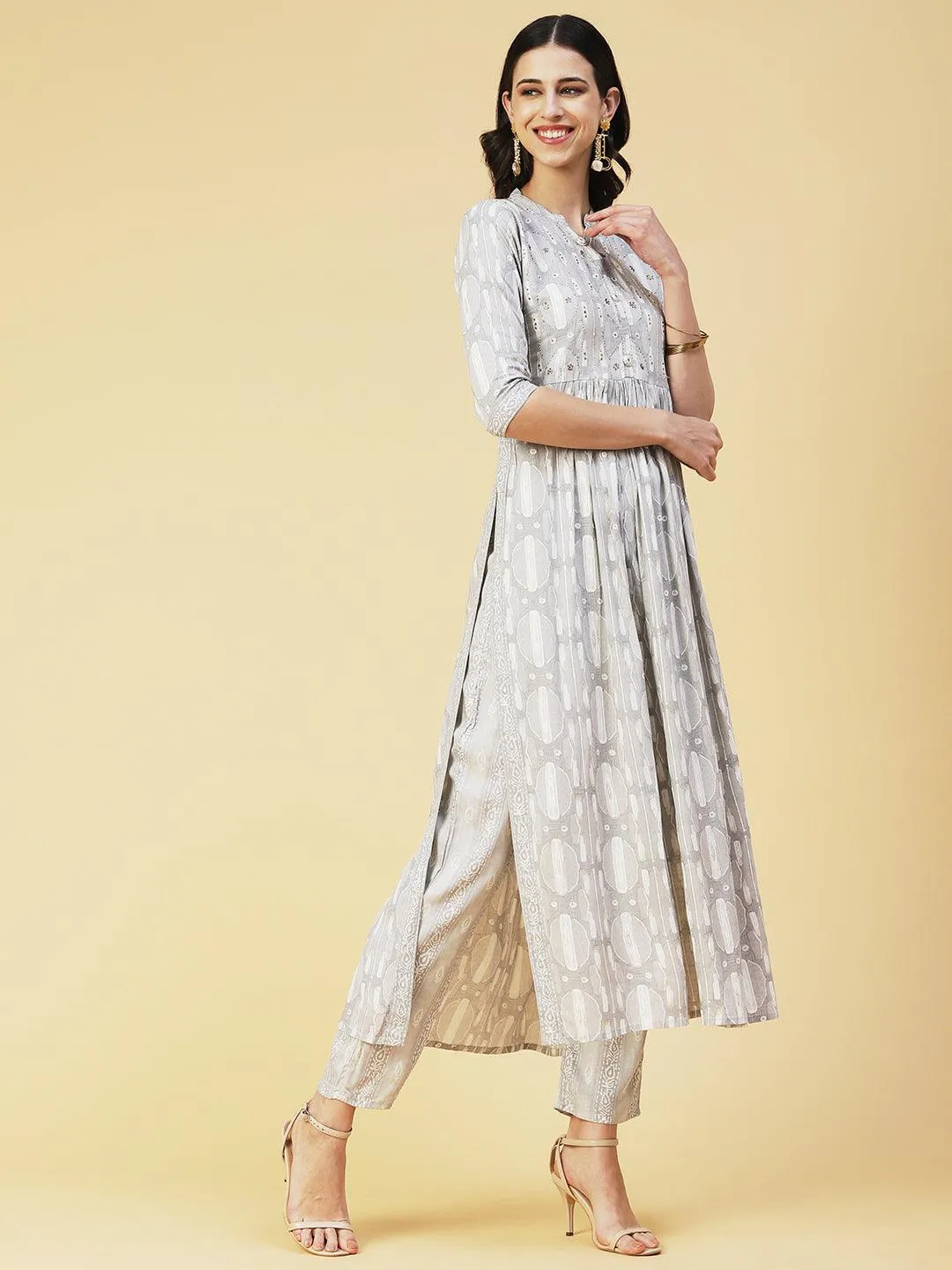 Abstract Printed Mirror Embroidered Kurta With Pants & Dupatta - Grey