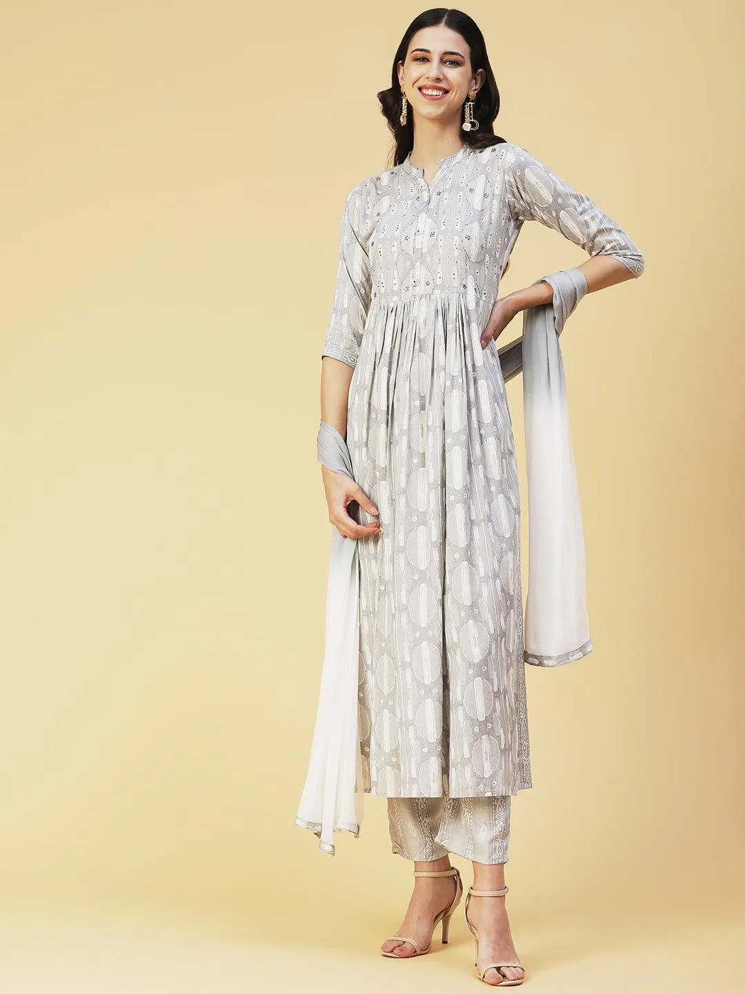 Abstract Printed Mirror Embroidered Kurta With Pants & Dupatta - Grey