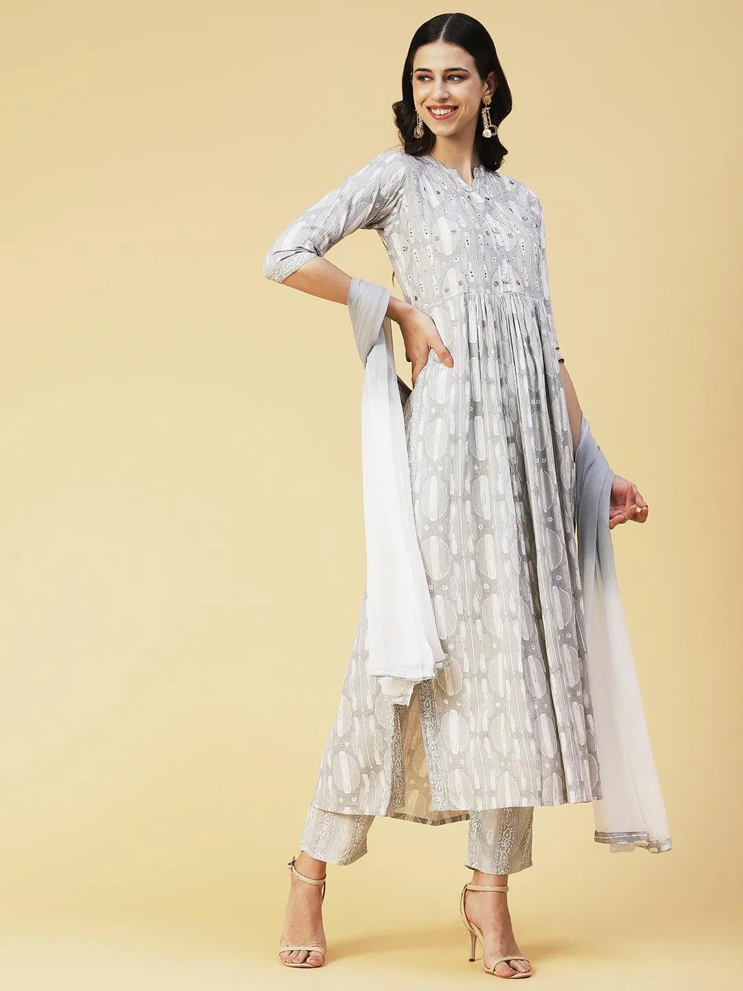 Abstract Printed Mirror Embroidered Kurta With Pants & Dupatta - Grey