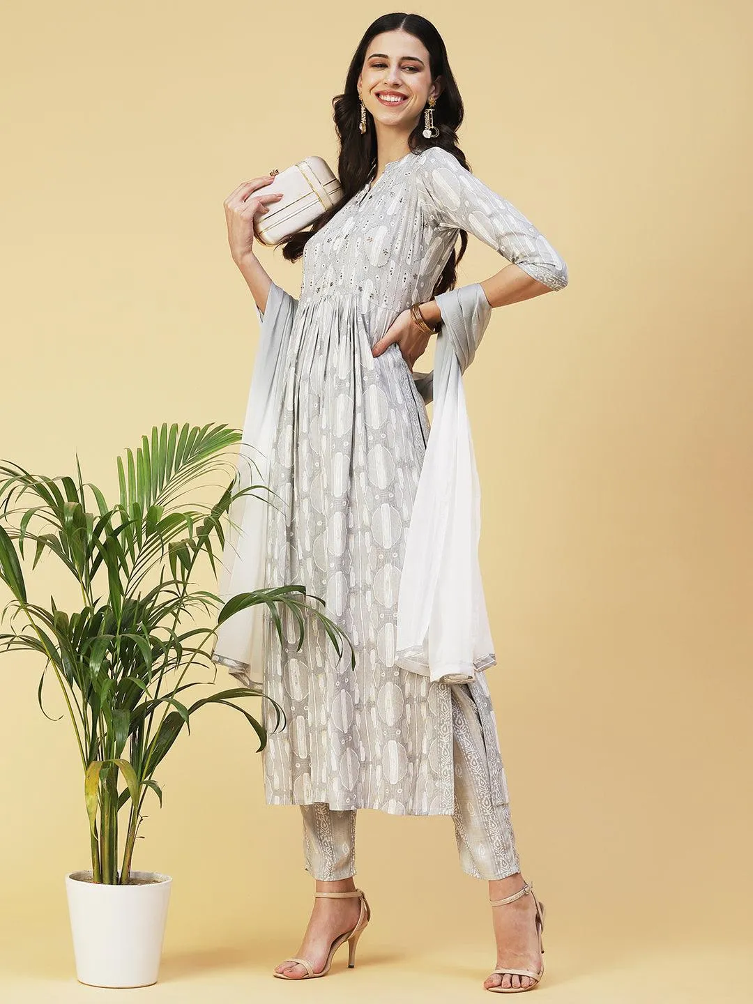 Abstract Printed Mirror Embroidered Kurta With Pants & Dupatta - Grey