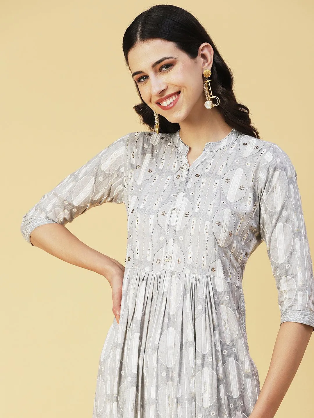 Abstract Printed Mirror Embroidered Kurta With Pants & Dupatta - Grey