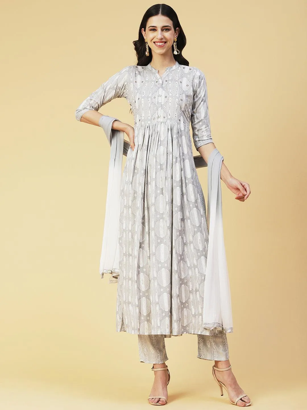 Abstract Printed Mirror Embroidered Kurta With Pants & Dupatta - Grey