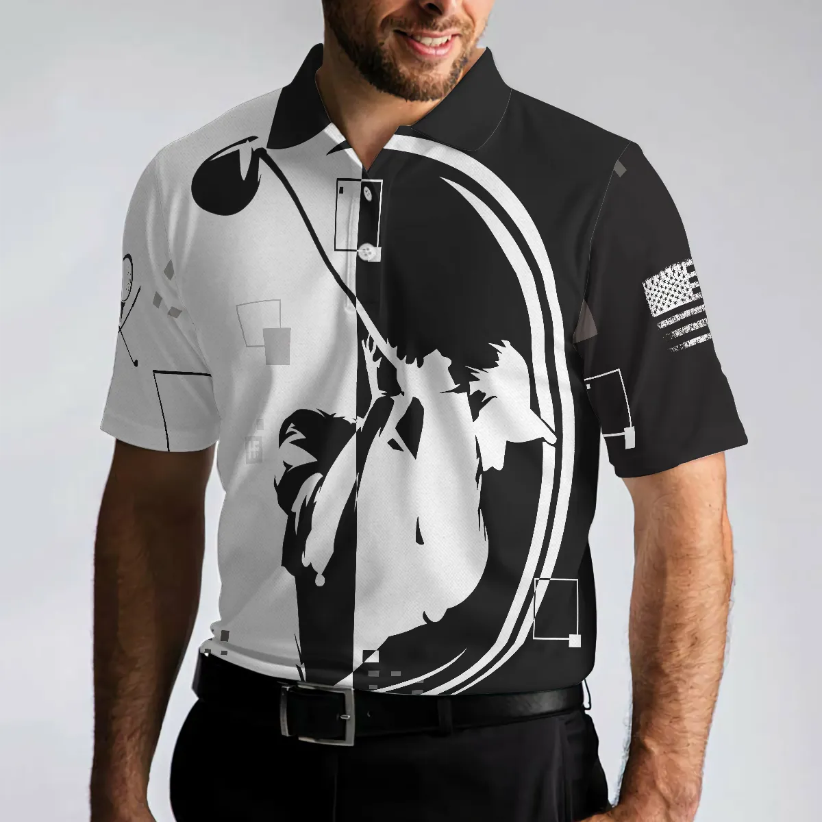 American Golfer Hard Swing US Flag Polo Shirt, Black And White American Flag Polo Shirt, Best Golf Shirt For Men