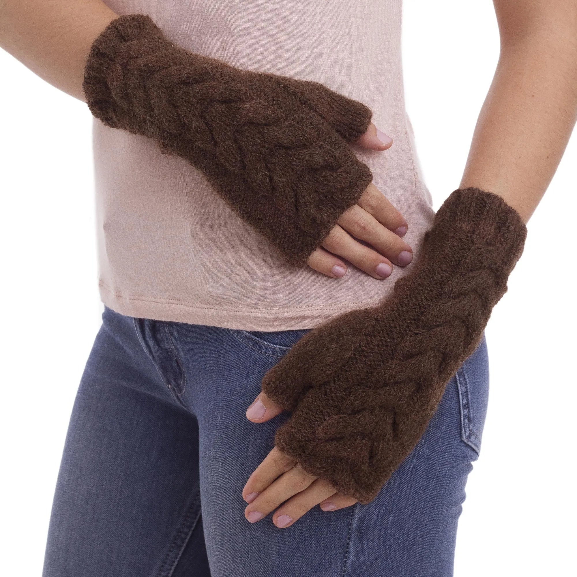 Andean Alpaca Blend Hand Knitted Brown Fingerless Gloves - Chocolate Braid | NOVICA