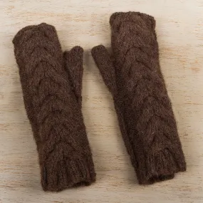 Andean Alpaca Blend Hand Knitted Brown Fingerless Gloves - Chocolate Braid | NOVICA