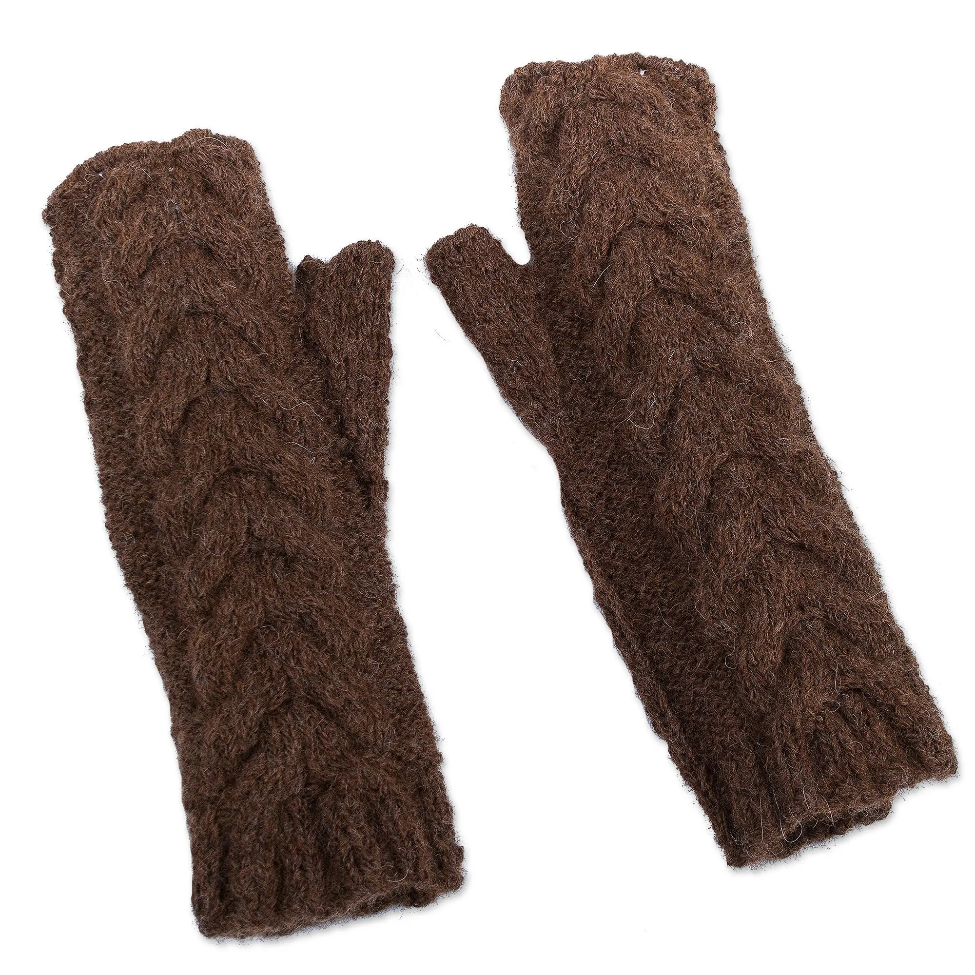 Andean Alpaca Blend Hand Knitted Brown Fingerless Gloves - Chocolate Braid | NOVICA