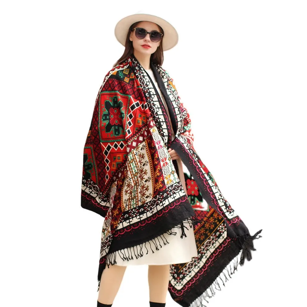 Anyyou 100% Pure Merino Wool Red Stained Pattern Stylish Poncho Winter Large Scarf With Trendy Pashmina Shawl Bandana Wrap For Womenfashion Design