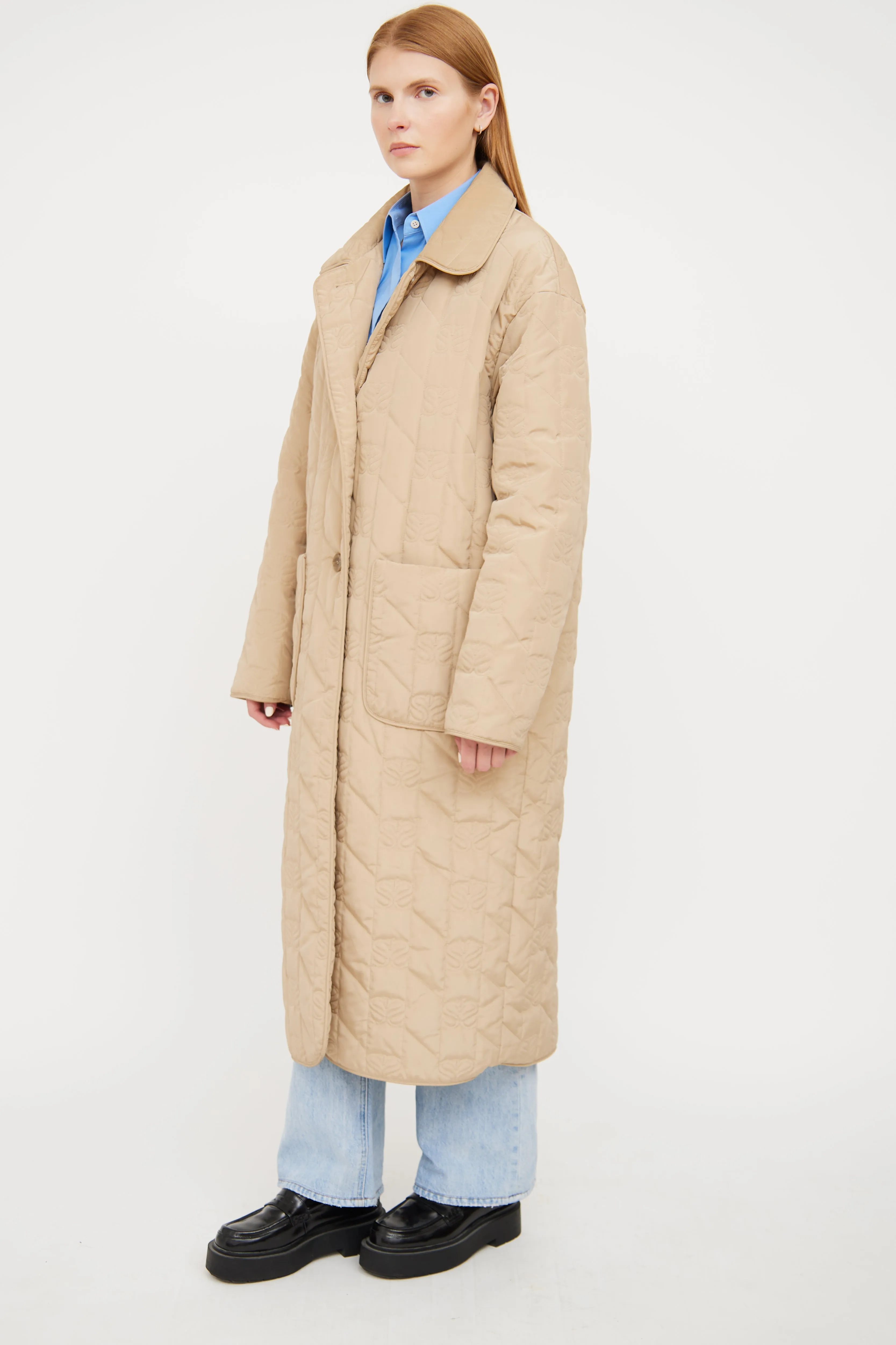 Beige Quilted Long Logo Jacket