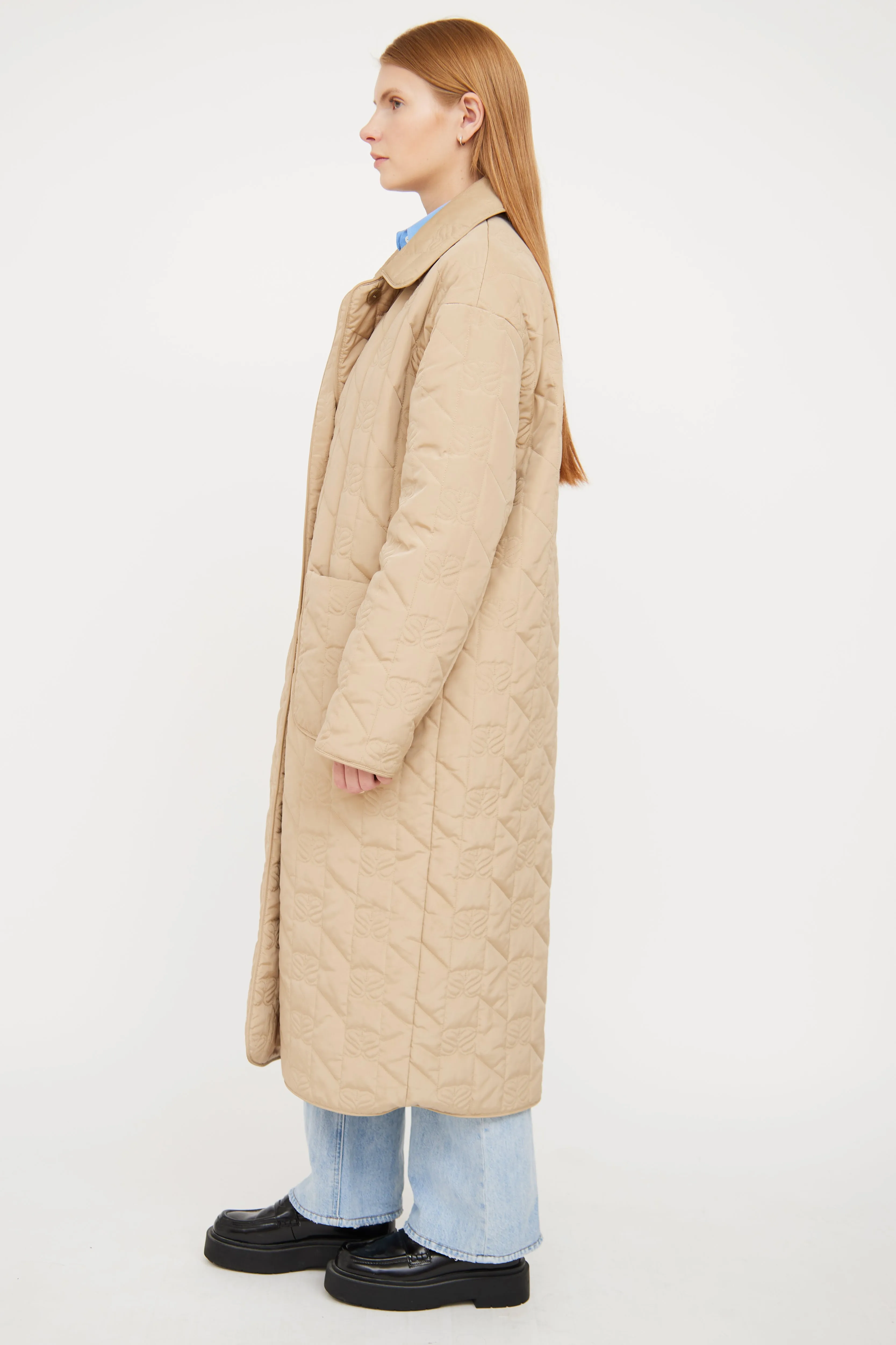 Beige Quilted Long Logo Jacket