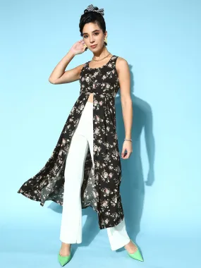 Berrylush Women Black & White Floral Printed Round Neck Front Slit Flared A-Line Calf Length Kurta