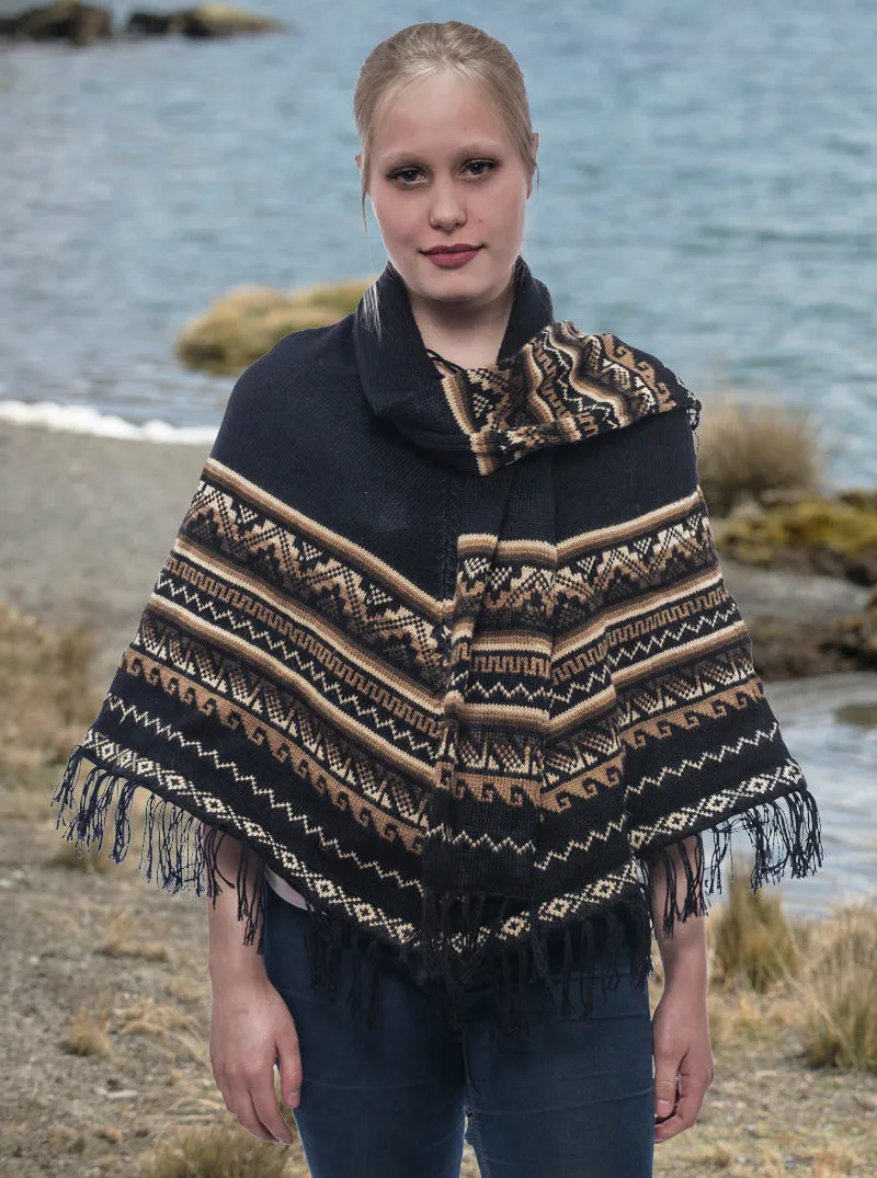 Black Alpaca Poncho with Scarf for Women