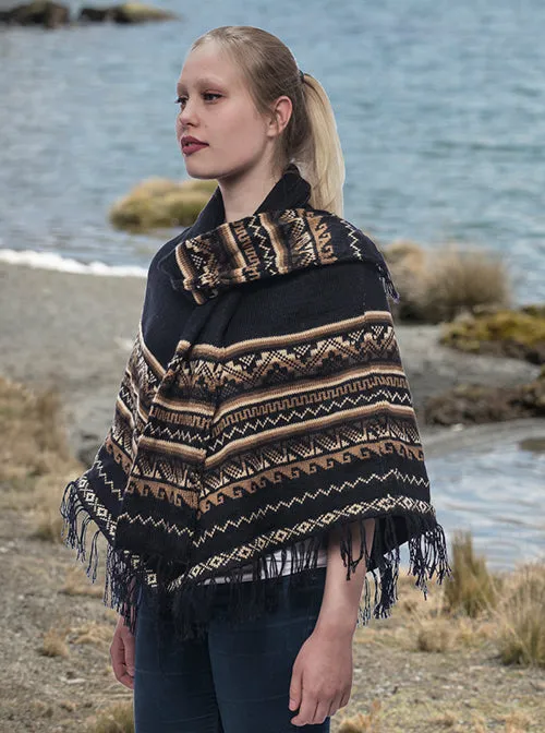 Black Alpaca Poncho with Scarf for Women