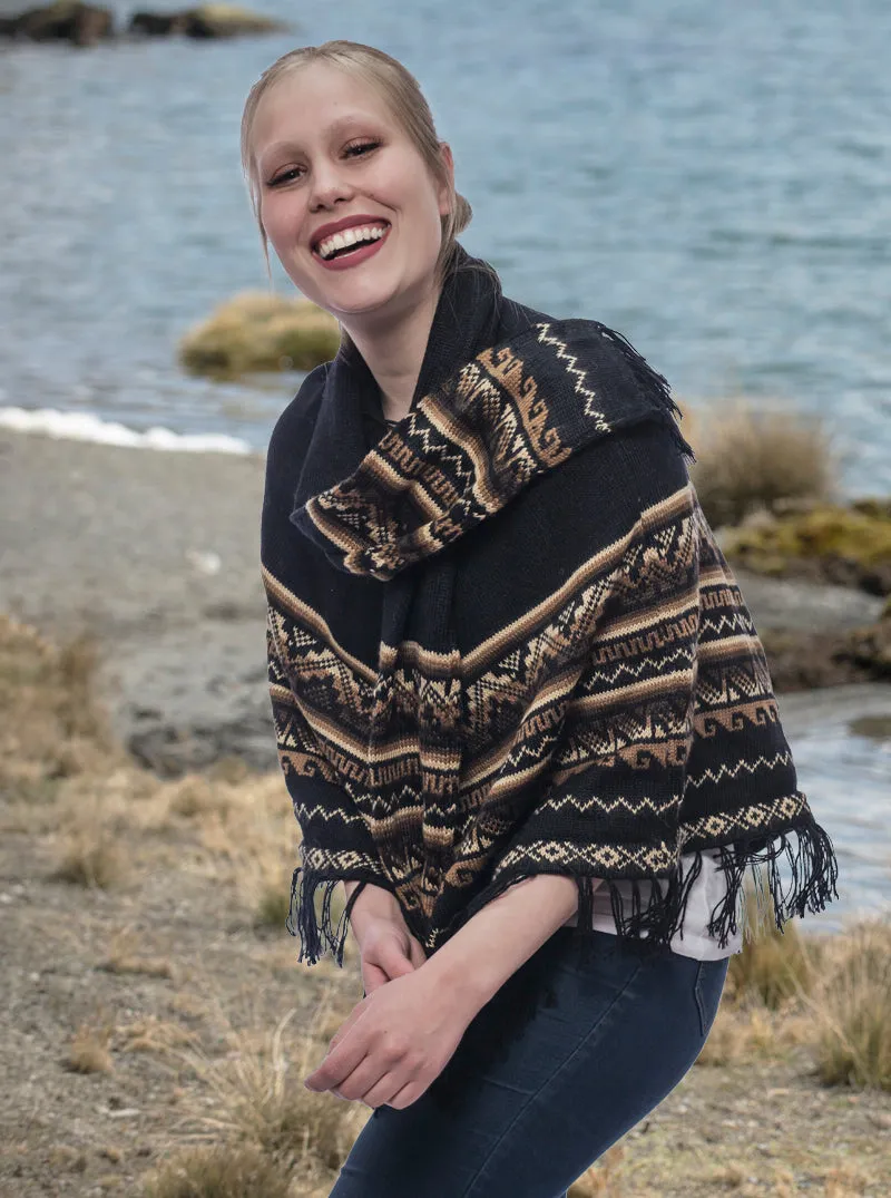 Black Alpaca Poncho with Scarf for Women