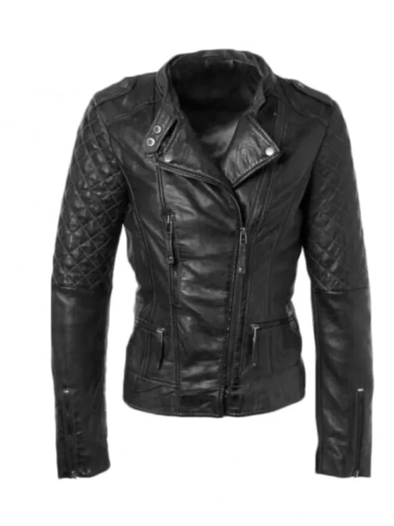 Black Biker Quilted Genuine Leather Jacket