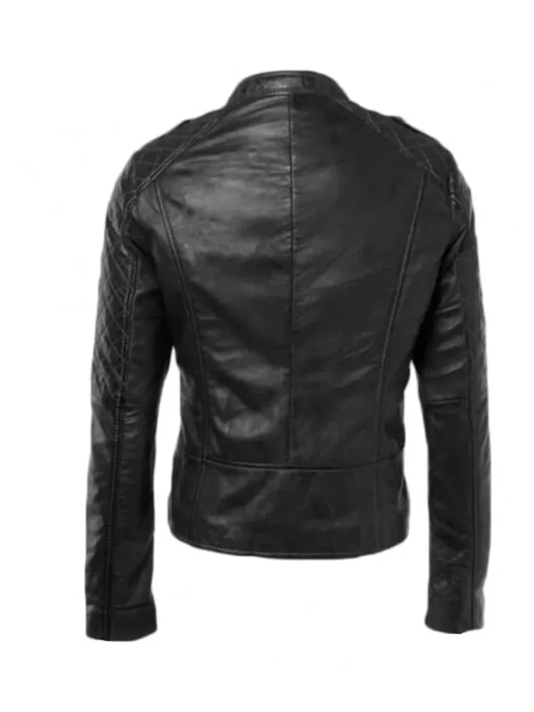 Black Biker Quilted Genuine Leather Jacket