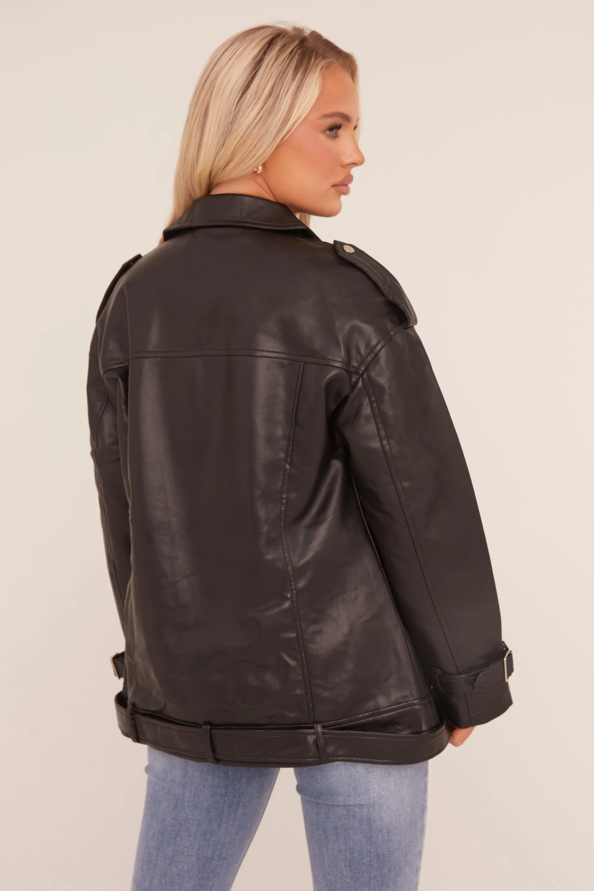 Black Faux Leather Longline Biker Jacket - Billie