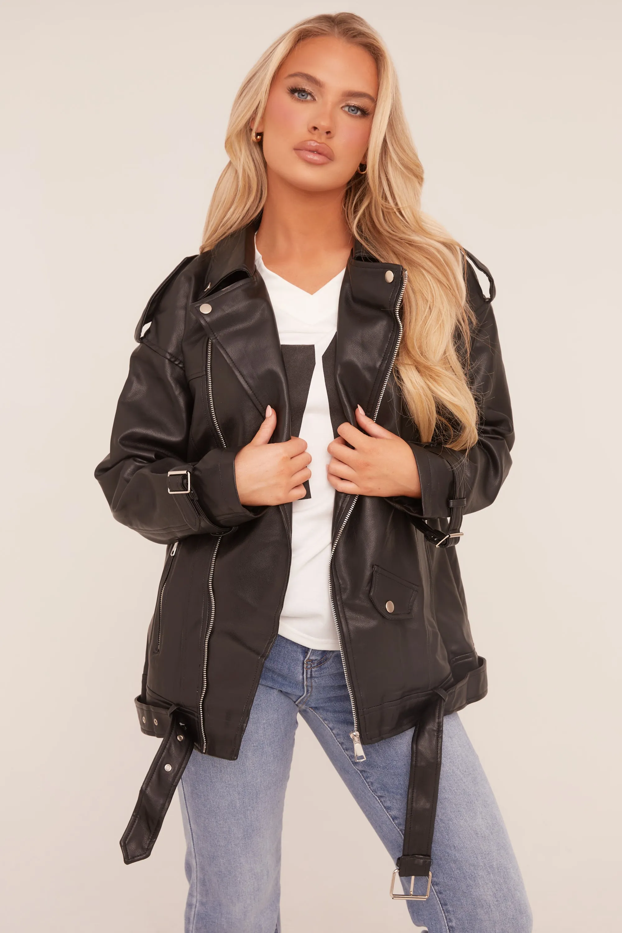 Black Faux Leather Longline Biker Jacket - Billie