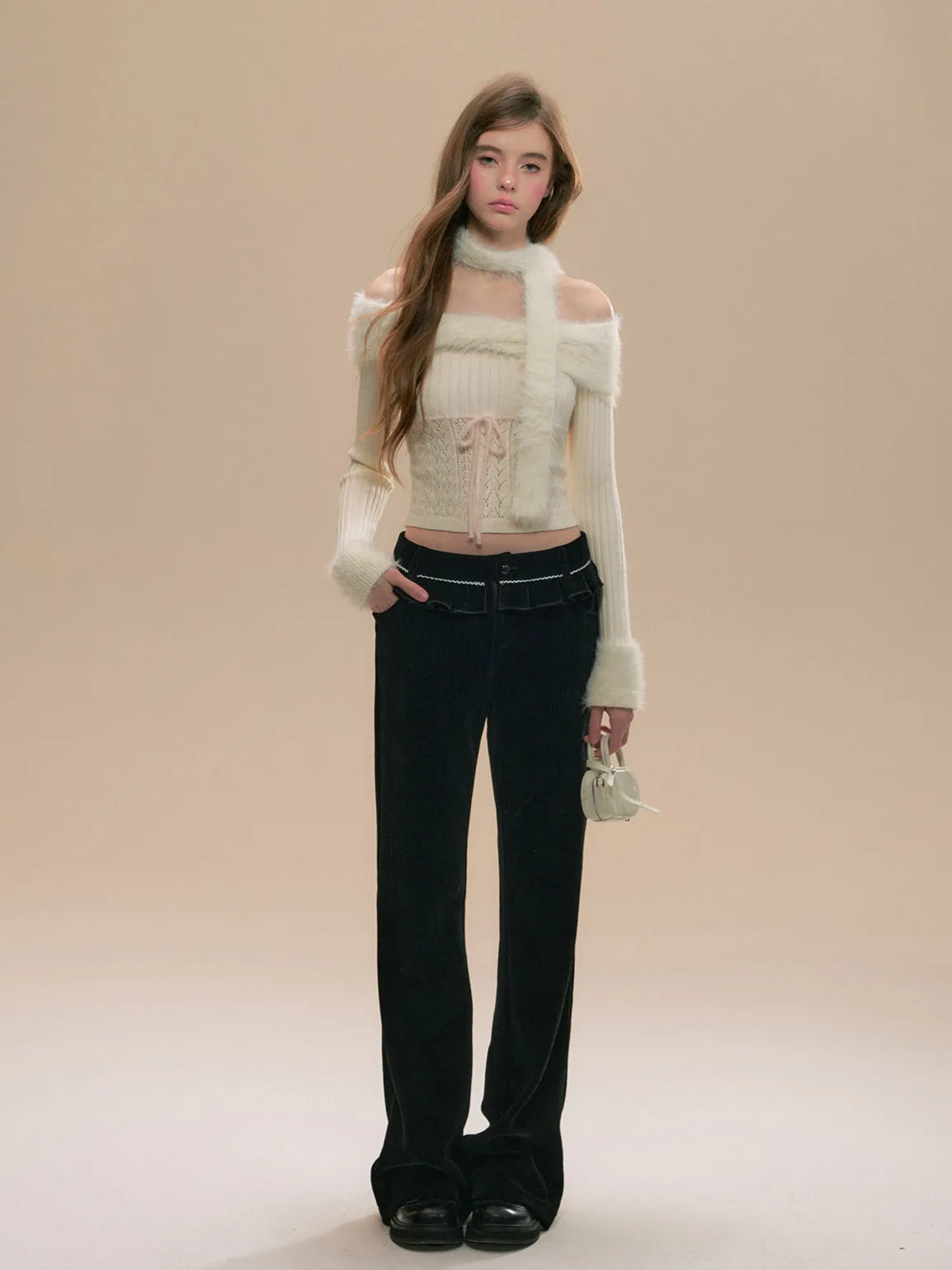 Black Fitted Chenille Flared Pants