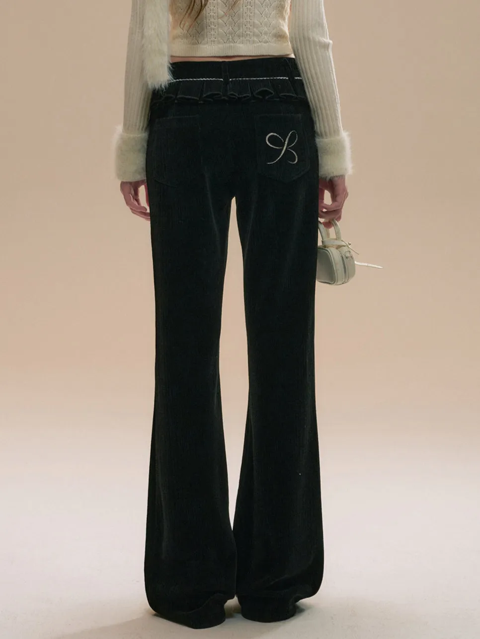 Black Fitted Chenille Flared Pants