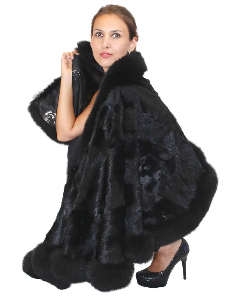 BLACK GOAT FUR & FOX FUR PONCHO/WRAP/SHAWL