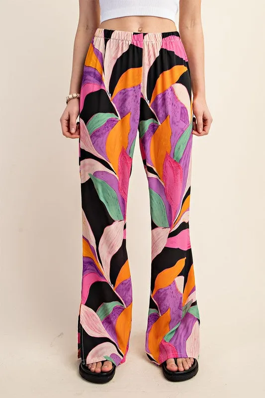 Black Printed Wide Leg Pants With Flared Slits