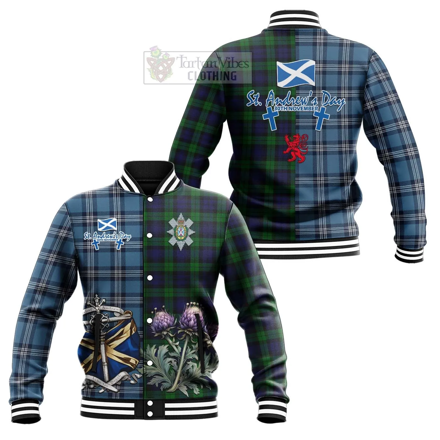 Black Watch Tartan Baseball Jacket Happy St. Andrew's Day Half Tartan Style