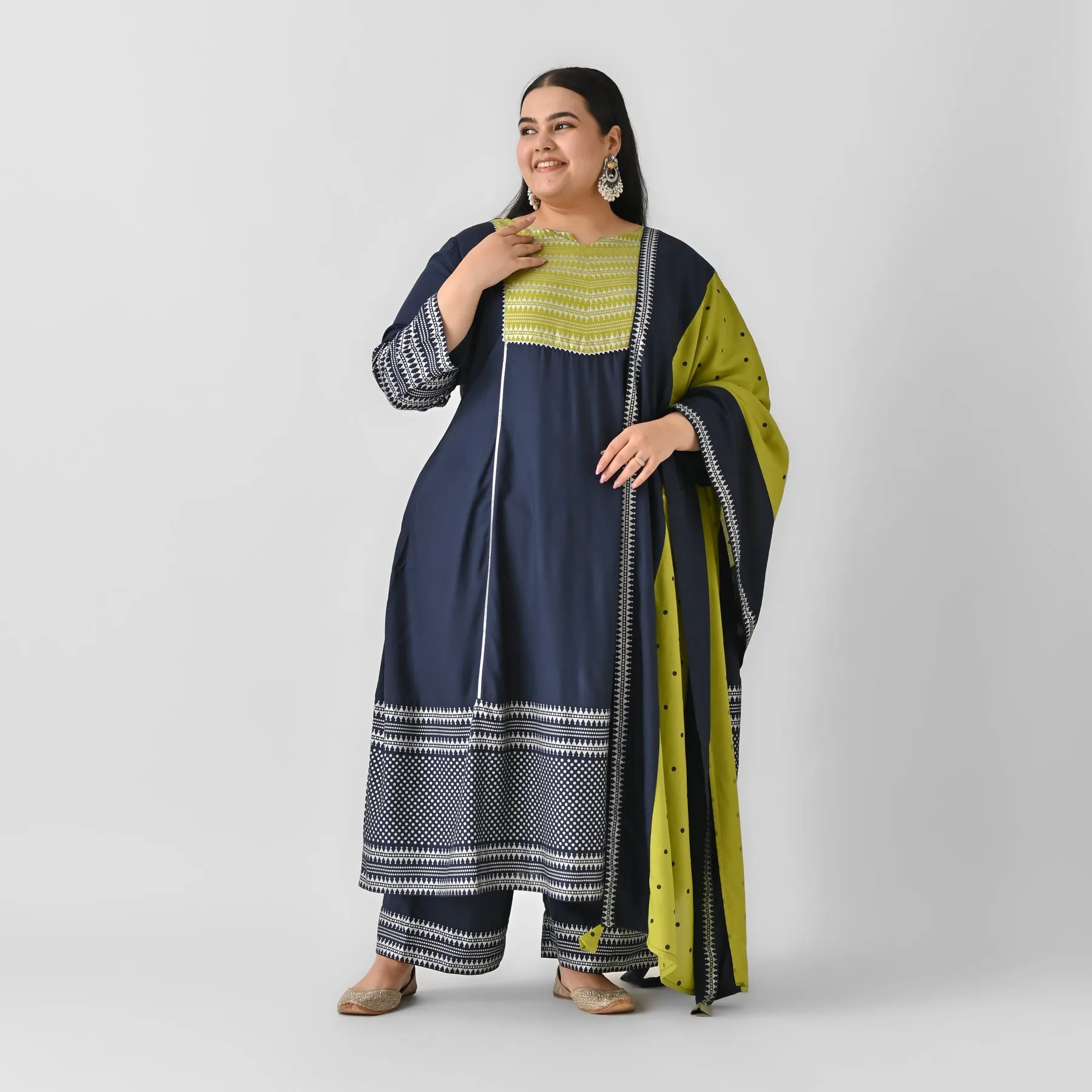 Blue & Olive Silver Printed Flared Kurta Dupatta Set with Gota Details - SOM