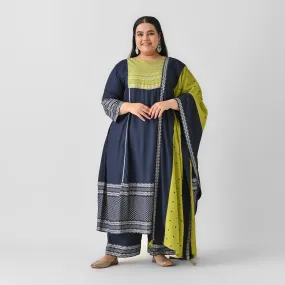 Blue & Olive Silver Printed Flared Kurta Dupatta Set with Gota Details - SOM