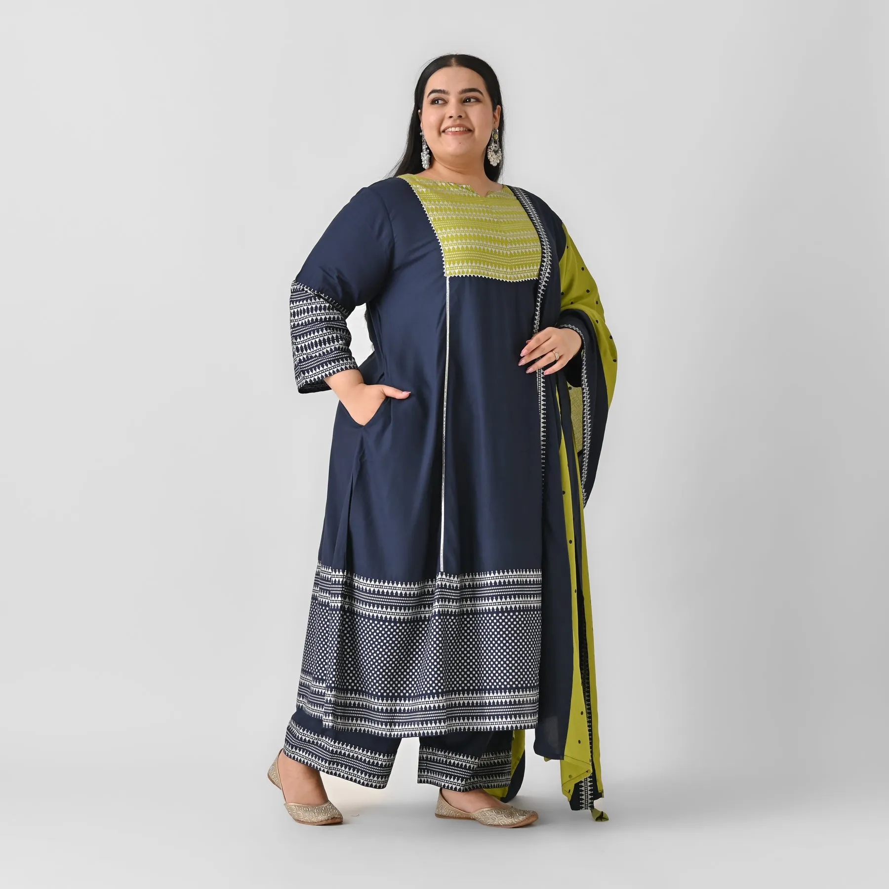 Blue & Olive Silver Printed Flared Kurta Dupatta Set with Gota Details - SOM