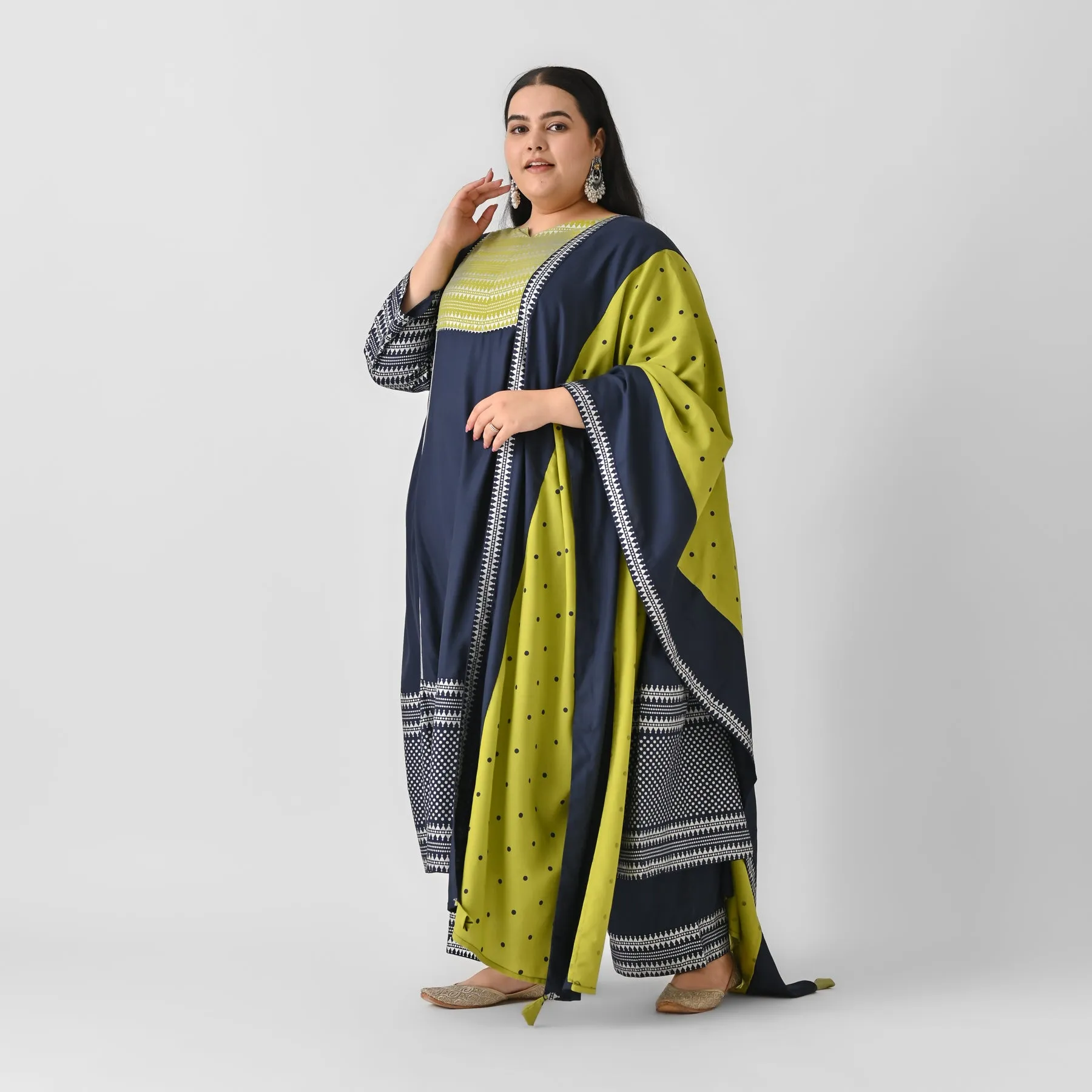 Blue & Olive Silver Printed Flared Kurta Dupatta Set with Gota Details - SOM