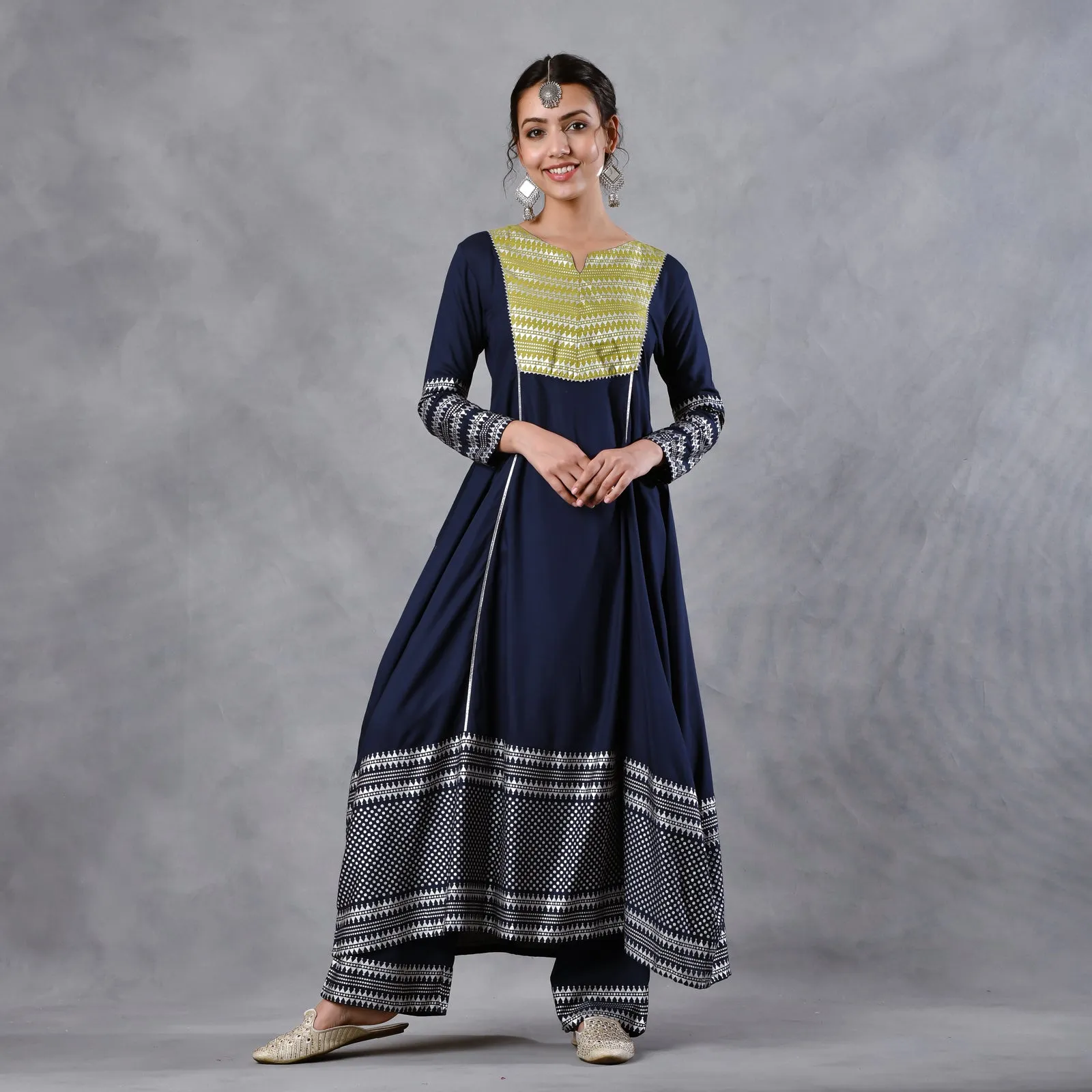 Blue & Olive Silver Printed Flared Kurta Dupatta Set with Gota Details