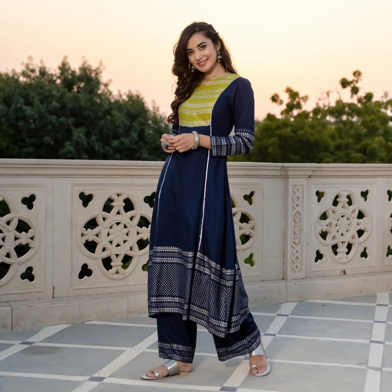 Blue & Olive Silver Printed Flared Kurta Dupatta Set with Gota Details