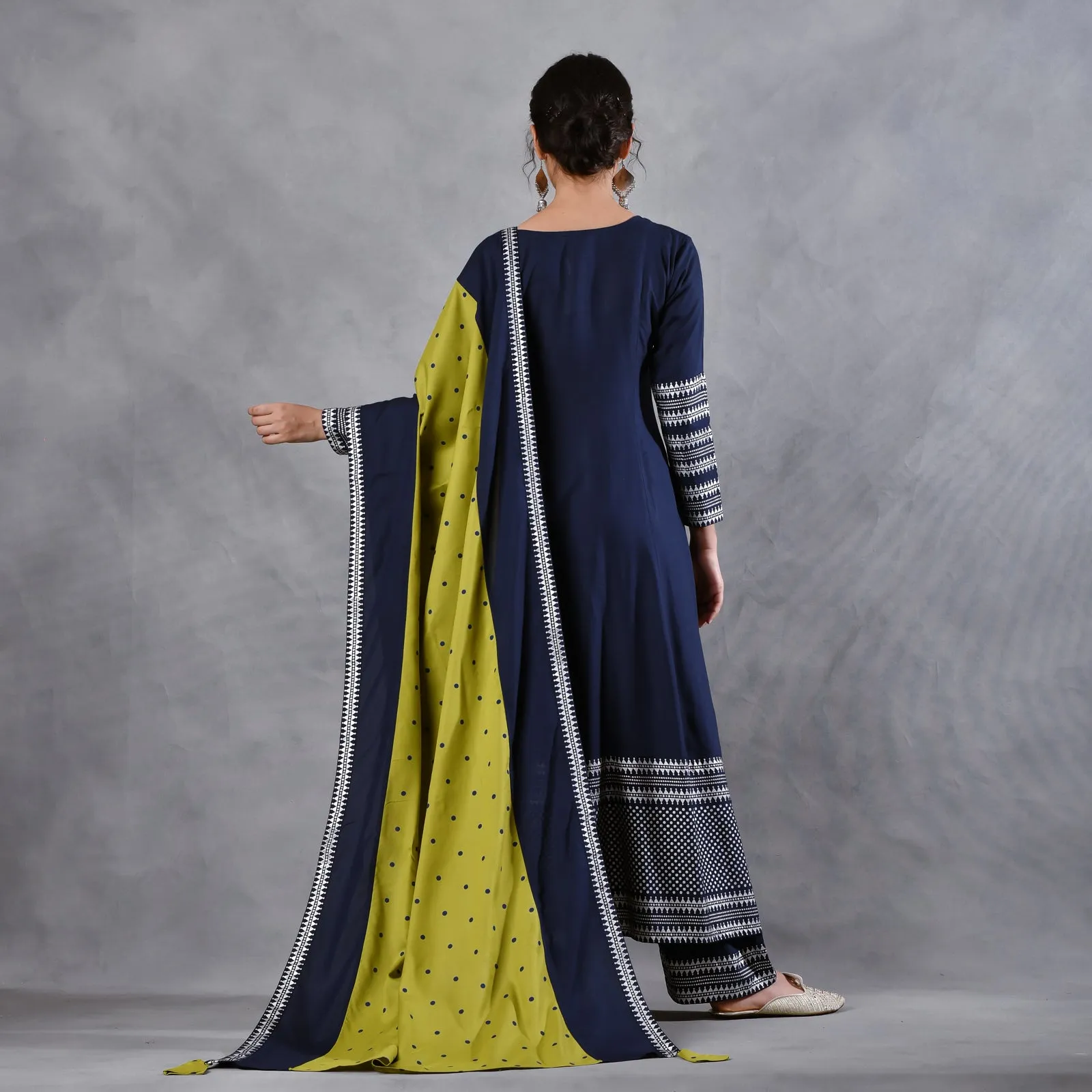 Blue & Olive Silver Printed Flared Kurta Dupatta Set with Gota Details