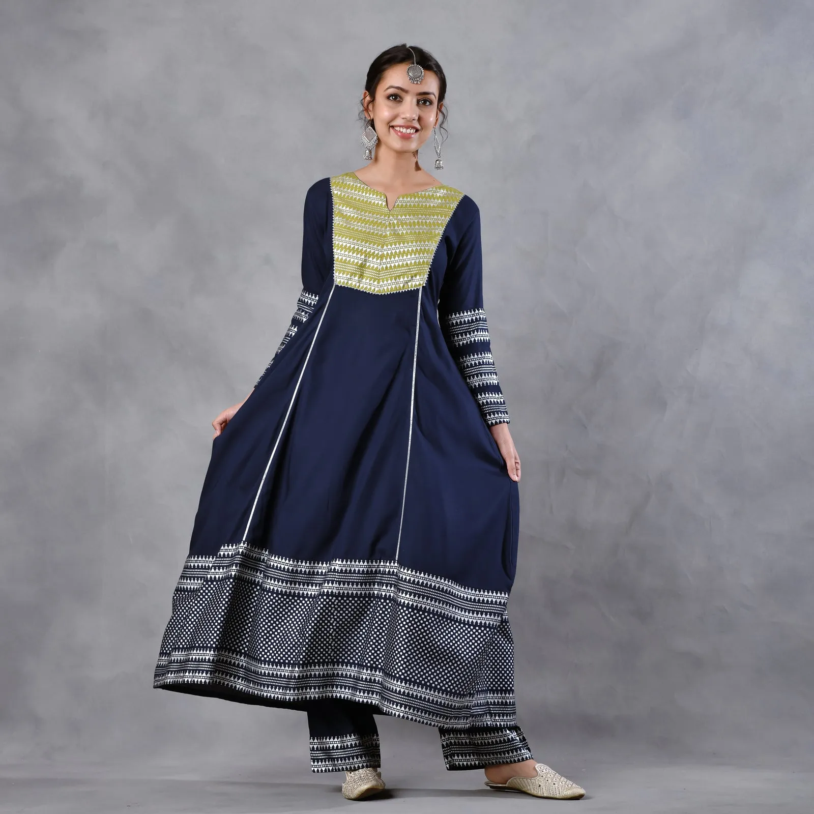 Blue & Olive Silver Printed Flared Kurta Dupatta Set with Gota Details