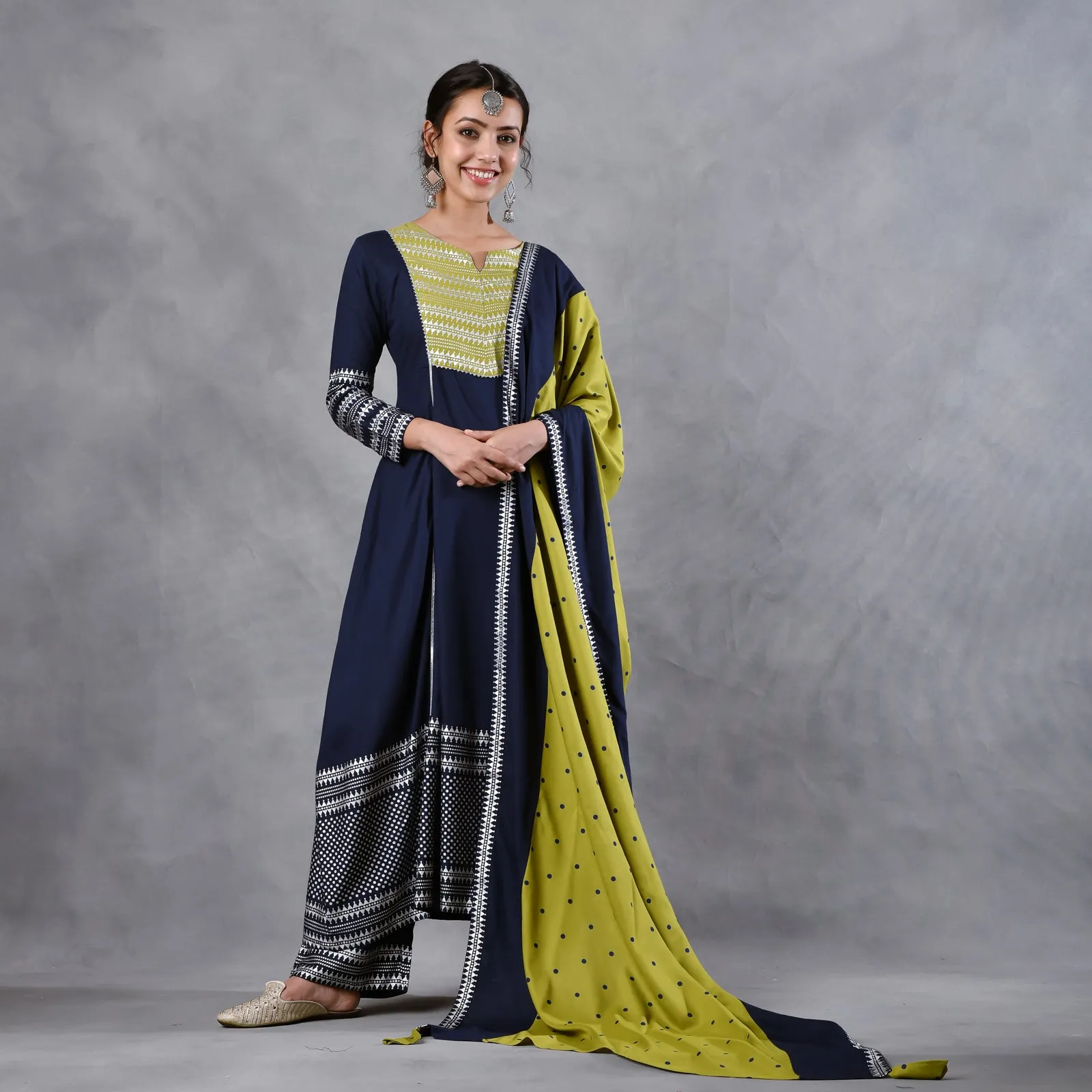 Blue & Olive Silver Printed Flared Kurta Dupatta Set with Gota Details