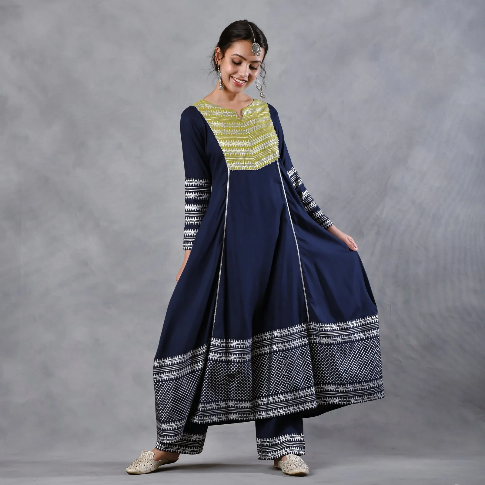 Blue & Olive Silver Printed Flared Kurta Dupatta Set with Gota Details