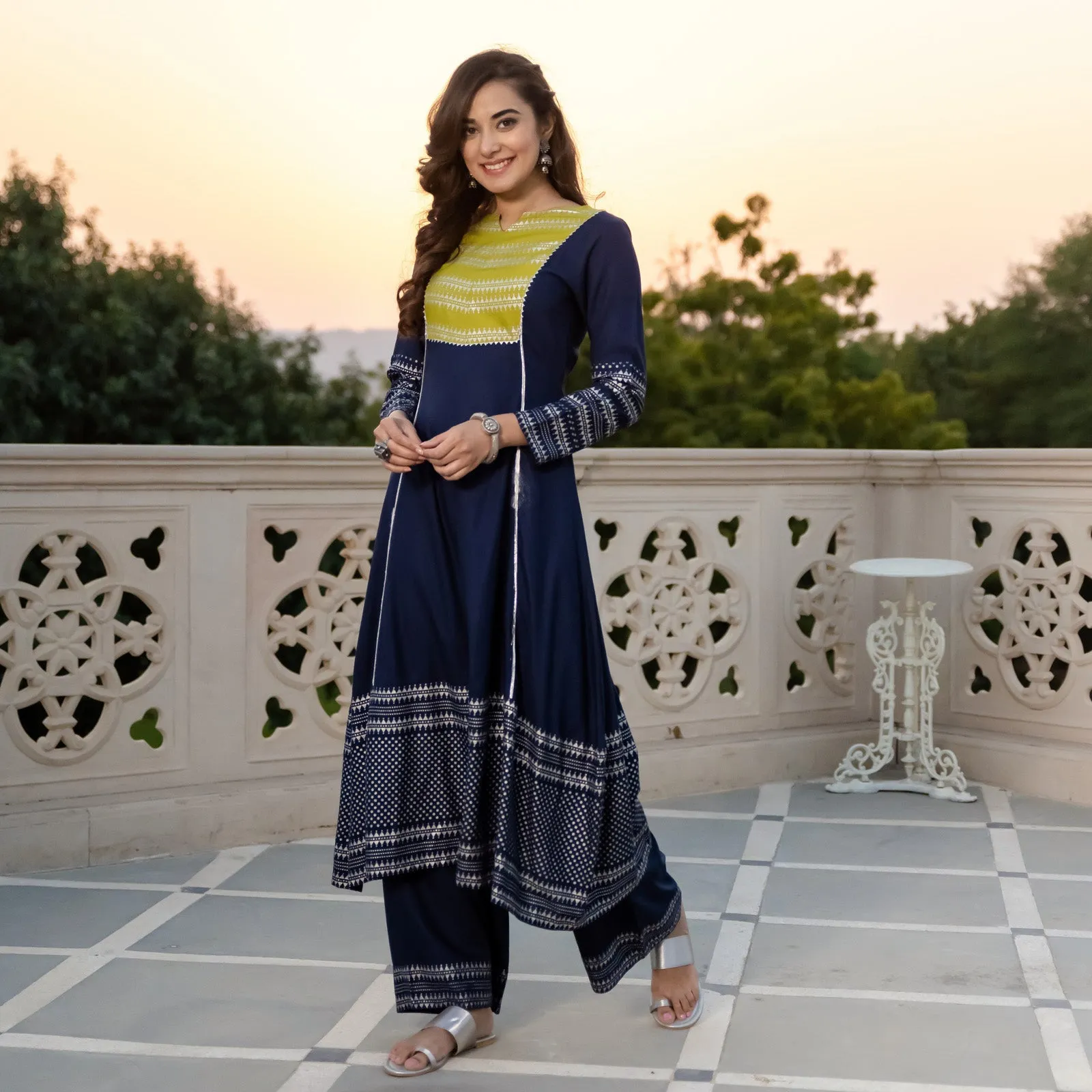 Blue & Olive Silver Printed Flared Kurta Dupatta Set with Gota Details