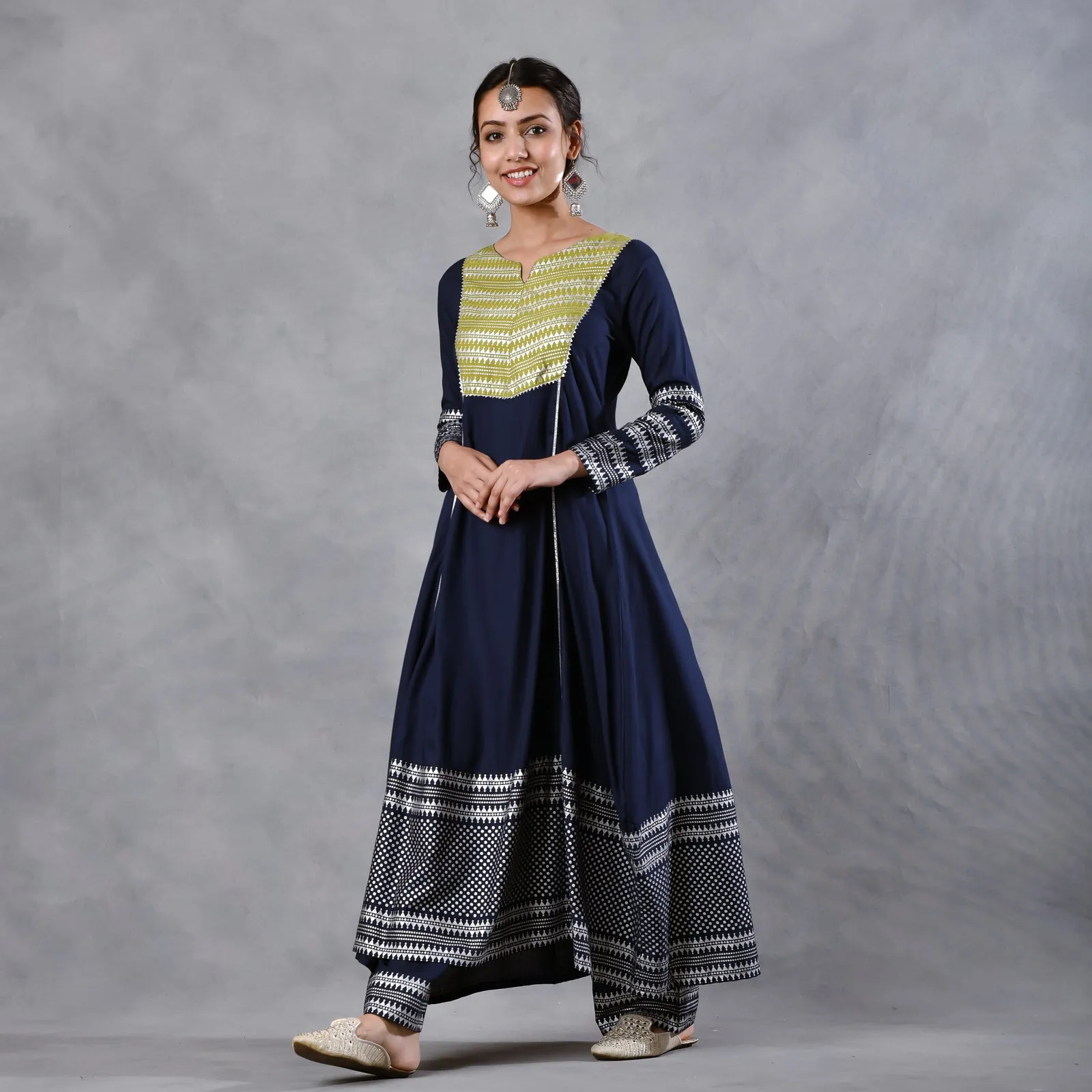 Blue & Olive Silver Printed Flared Kurta Dupatta Set with Gota Details