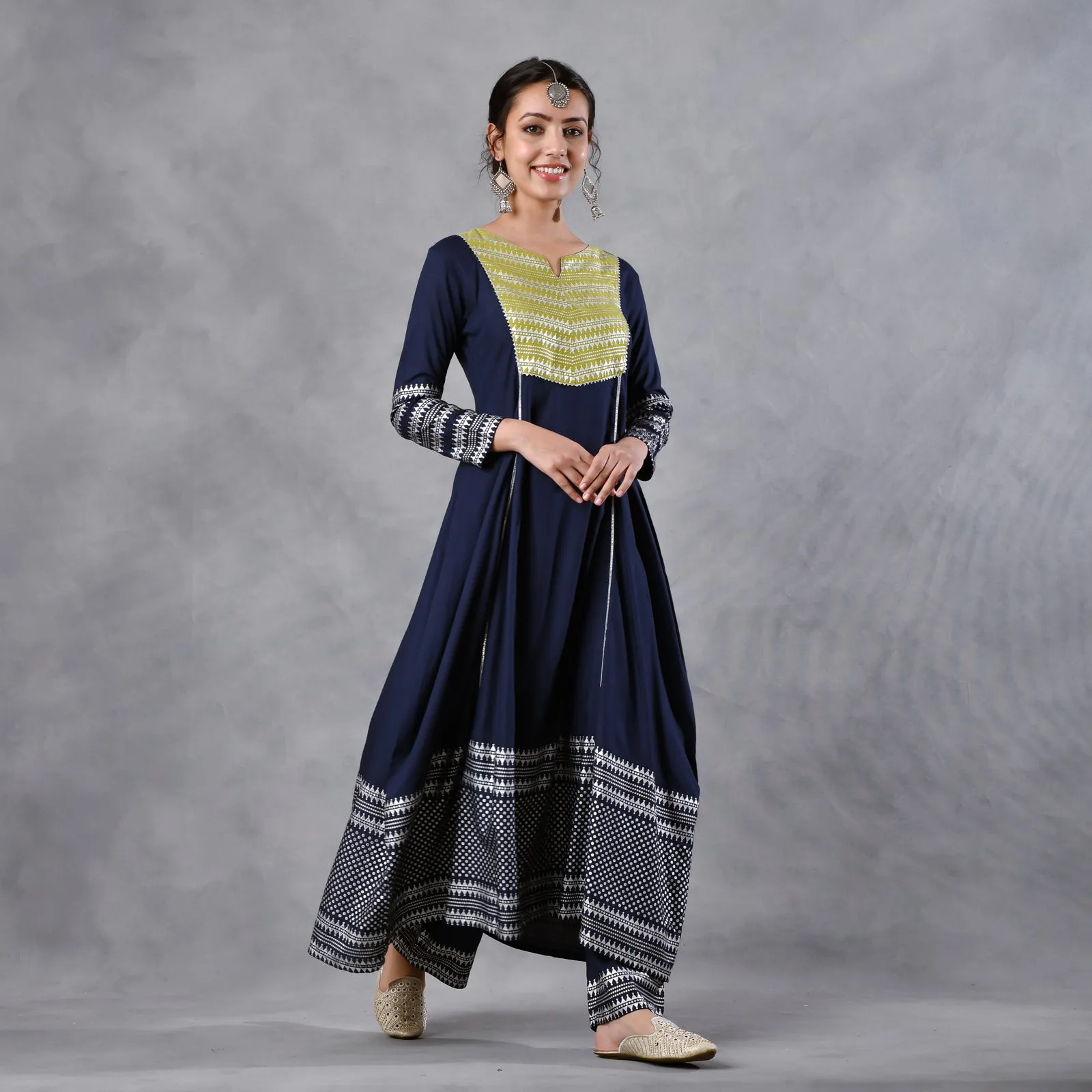 Blue & Olive Silver Printed Flared Kurta Dupatta Set with Gota Details