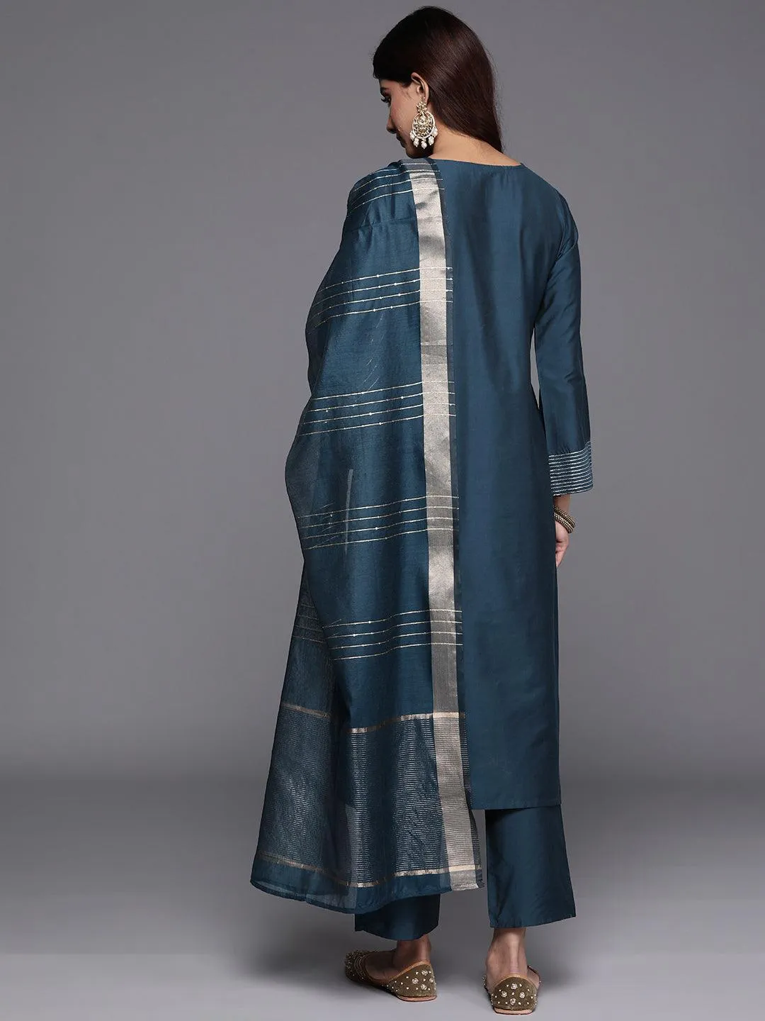 Blue Solid Silk Blend Straight Suit With Dupatta