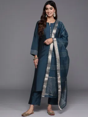 Blue Solid Silk Blend Straight Suit With Dupatta