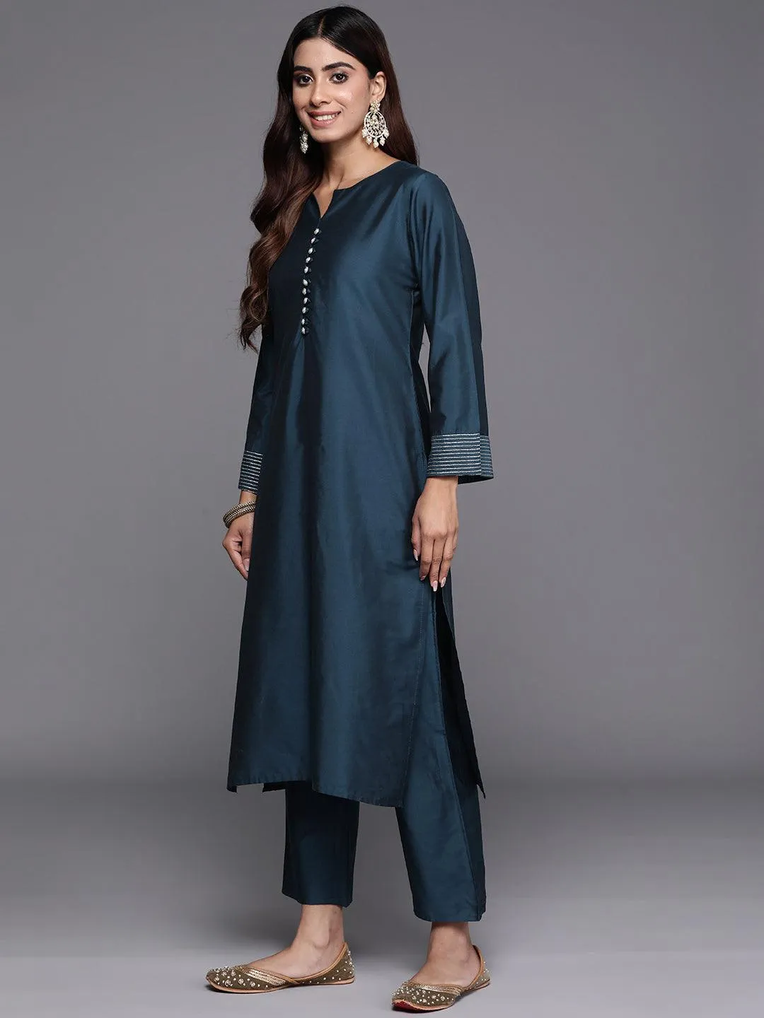 Blue Solid Silk Blend Straight Suit With Dupatta