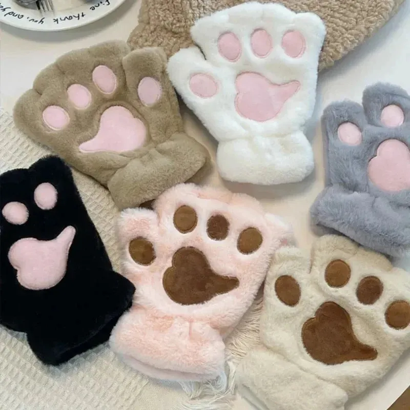 Bonnyshow Lovely Plush Cat Claw Paw Gloves Plush Mittens Warm Soft Plush Short Fingerless Fluffy Bear Gloves Costume Half Finger Gloves